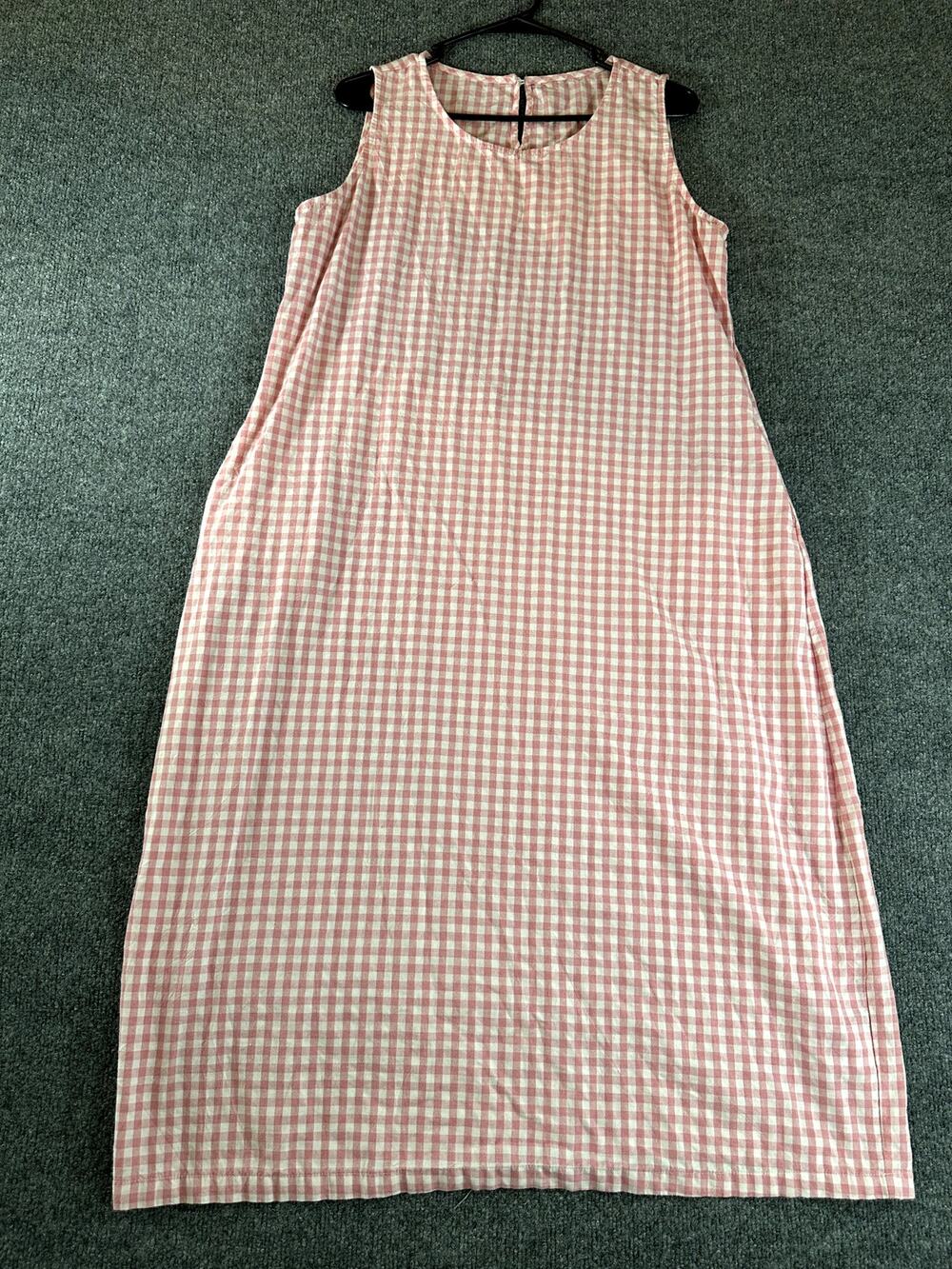 Lomon Pink White Gingham Sleeveless Cotton Midi Dress Women's Large Cottagecore